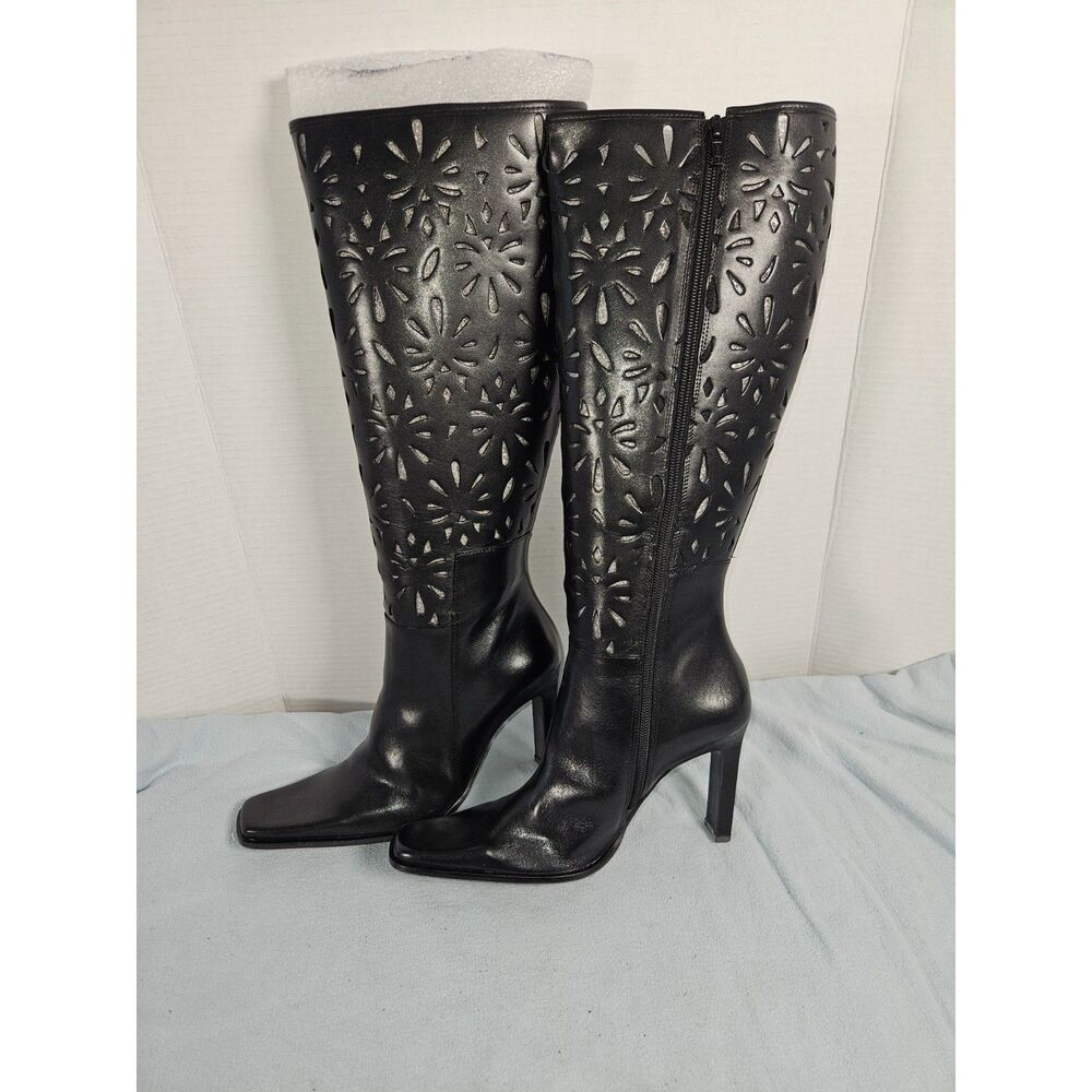 Bruno Valenti Laser-Cut Floral High-Heel Knee-High Black Boots Size 9